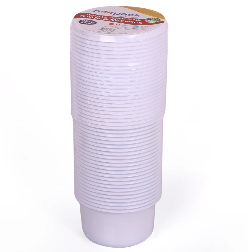 Plastic White Bowl 400ml With Lid 25 Pieces